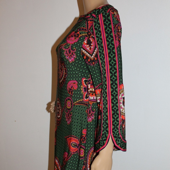 Trina Turk Dark Green Boatneck Shift Dress with Pink and Orange Paisley Print - Picture 2 of 4